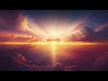 Floating in clouds during sunrise or sunset skyline in light of heaven christian worship background