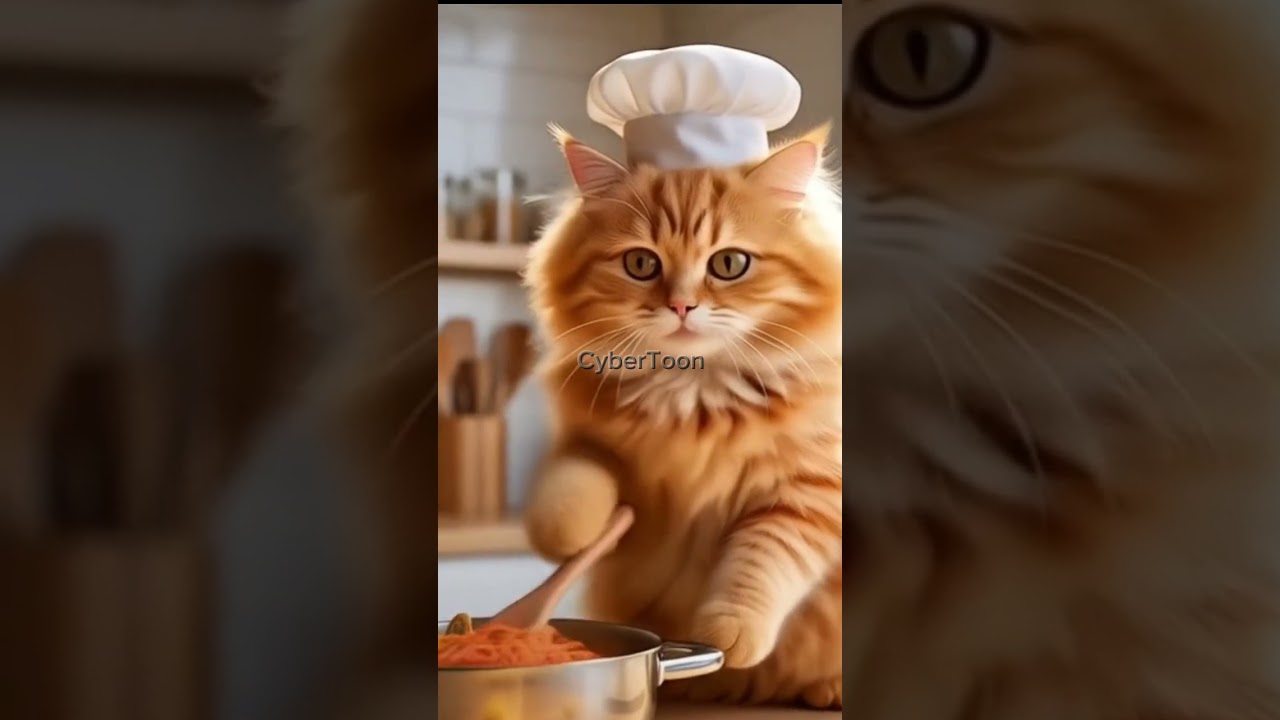 cat cooking spaghetti 