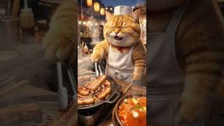In the heart of a cozy kitchen, a round cat chef brings culinary dreams to life—where sizzling pork