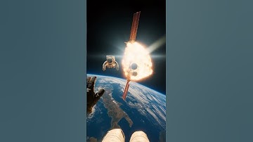 Astronaut floating in space, space station hit by asteroid