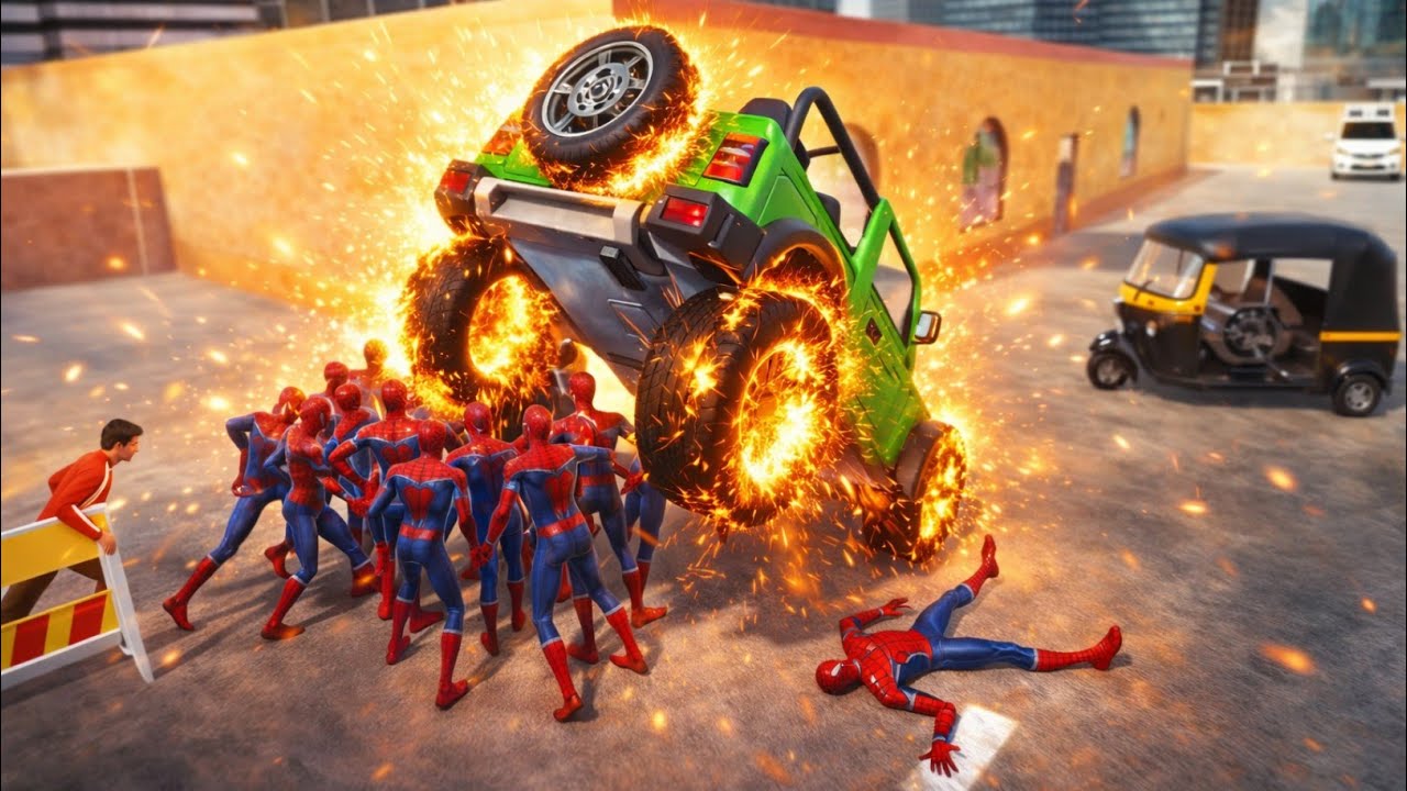 Spider-Men 🕷️💪 Lift Overturned💥🎮😱 Green Vehicle 💚 front of Police 🚓 Station🔥||