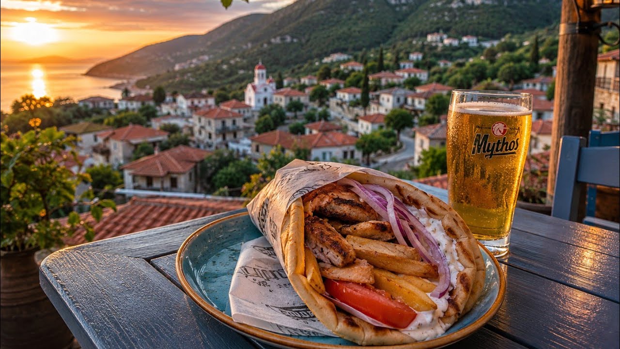 Un Gyros gigant la numai 4,5 Euro si plimbare prin Theologos.