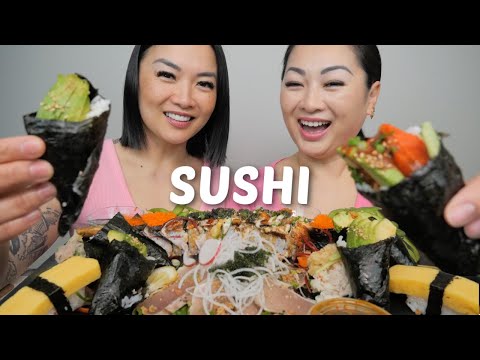 SUSHI Sister Mukbang *Tamaki Cone, Tuna Tamaki with Godzilla Roll | N.E & SAS ASMR