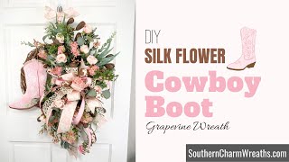 Learn how to make a silk flower wreath on a grapevine with a cowboy boot sign.