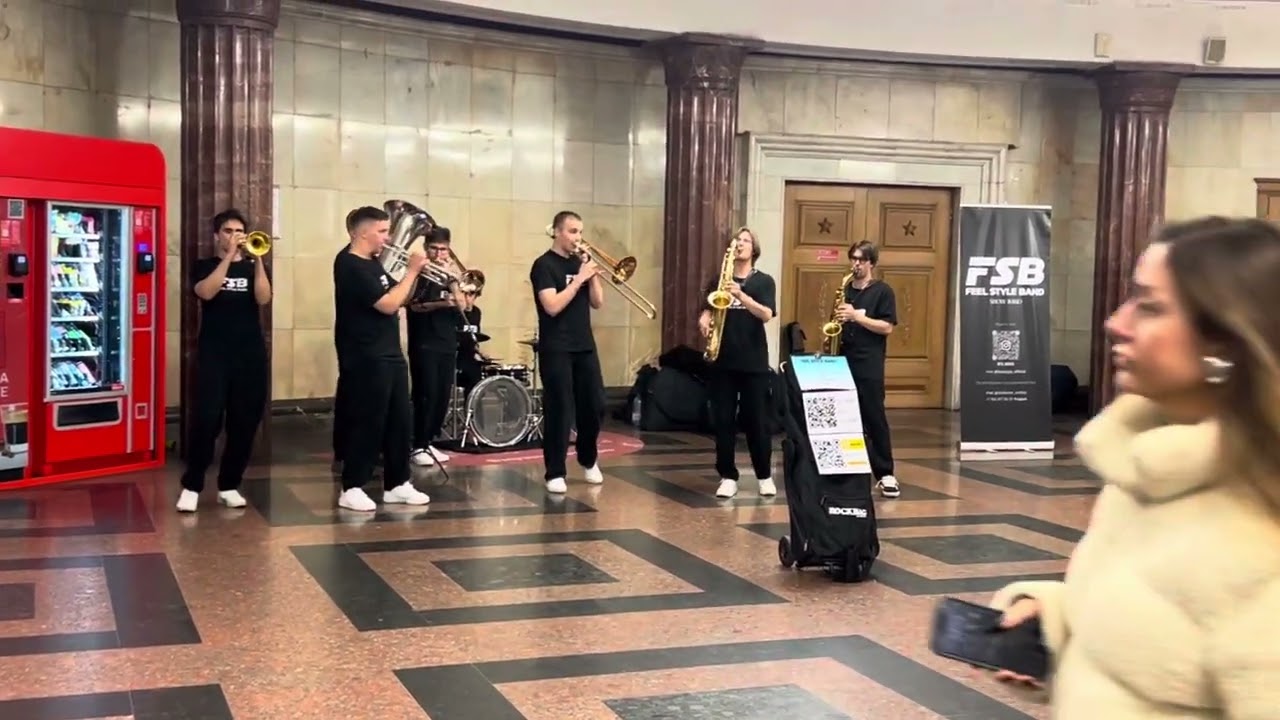 Amazing Feel Style Band (FSB) play trumpets in Metro station of Moscow Russia