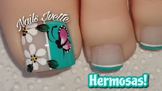 UÑAS DECORADAS TURQUESA! DISEÑO DE UÑAS PARA PIE | DECORACIÓN DE UÑAS FLORES Y MARIPOSA