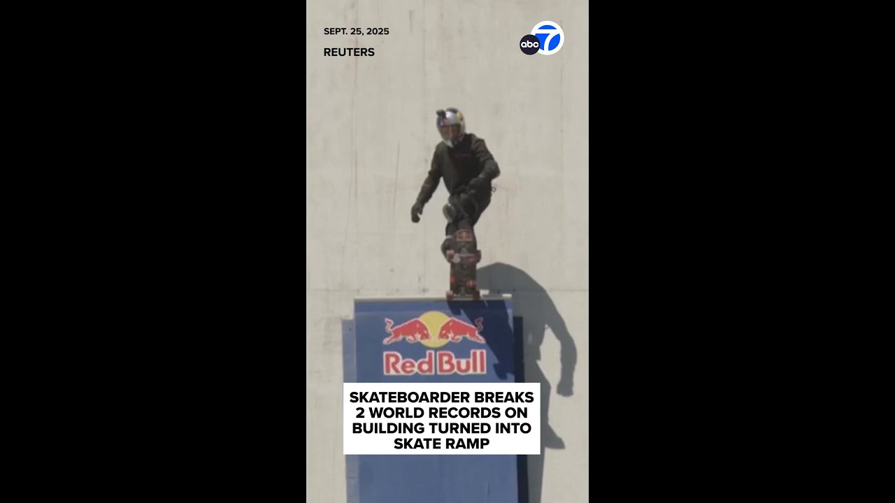 Skateboarder breaks 2 world records on building turned into skate ramp