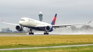 (4K) Plane spotting at Schiphol airport - 5x Beautiful A350-900 take-offs!