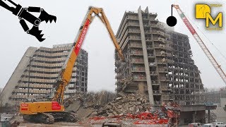 Spectacular destruction of nasty building with wrecking ball  Liebherr R960 hydraulic excavator