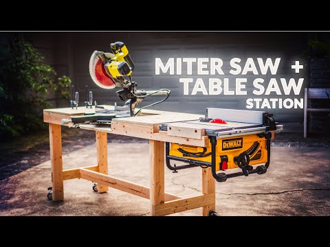 simple but highly functional workbench with table saw and miter saw stations