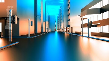 Abstract animation of a camera moving through the city buildings. Looping