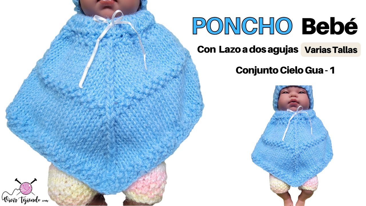 Poncho de bebé a Dos Agujas con adorno de trenzado ✅ Tejidos y Ropas de bebé a palitos