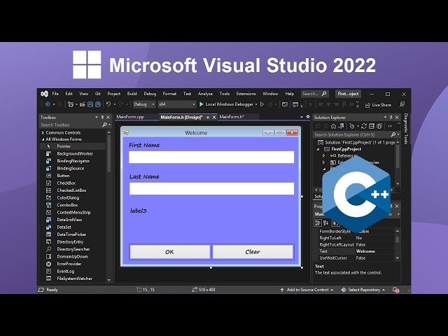 Create Your First C++ Windows Form using Microsoft Visual Studio 2022 class=