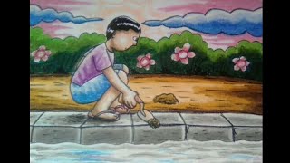 menggambar anak jongkok (membersihkan selokan)