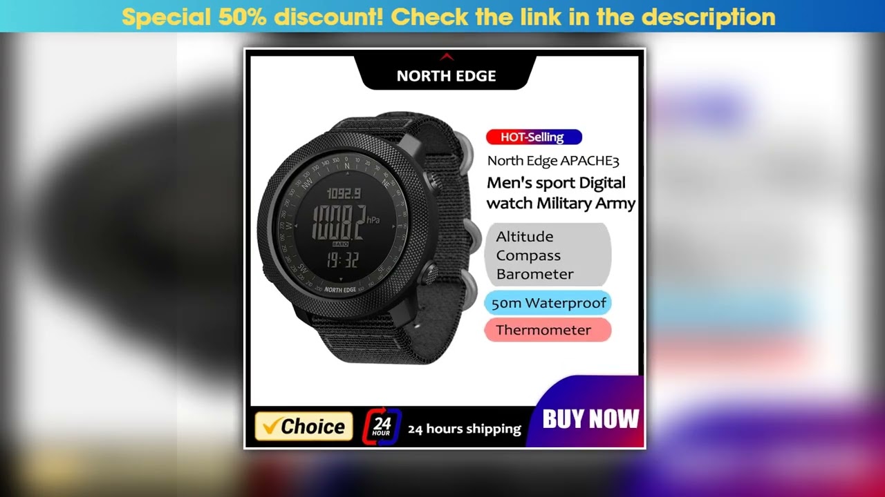 NORTH EDGE Mens Smart Watch Military Army Clock Compass Altimeter Barometer Pedometer Running