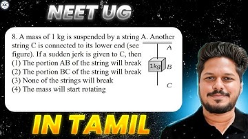 A mass of 1 kg is suspended by a string A. Another string C is connected to its lower end