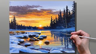 How to Paint Winter Sunset Landscape / Acrylic Painting / Correa Art