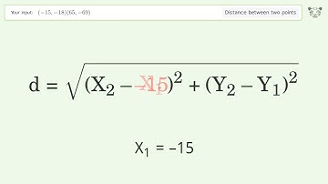 Find the distance between two points p1 (-15,-18) and p2 (65,-69): Step-by-Step Video Solution