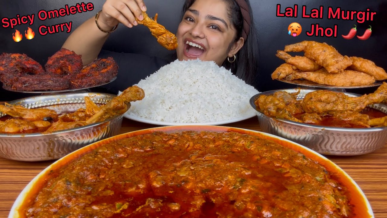 LAL LAL MURGIR JHOL, SPICY OMELETTE CURRY, CRISPY PRAWNS TEMPURA AND SPICY MASALA FISH FRY | MUKBANG