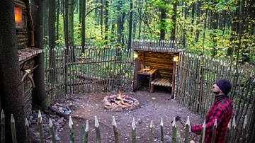Bushcraft Cabin Upgrade. Building Palisade, Preparing Firewood and Cooking in the Wild
