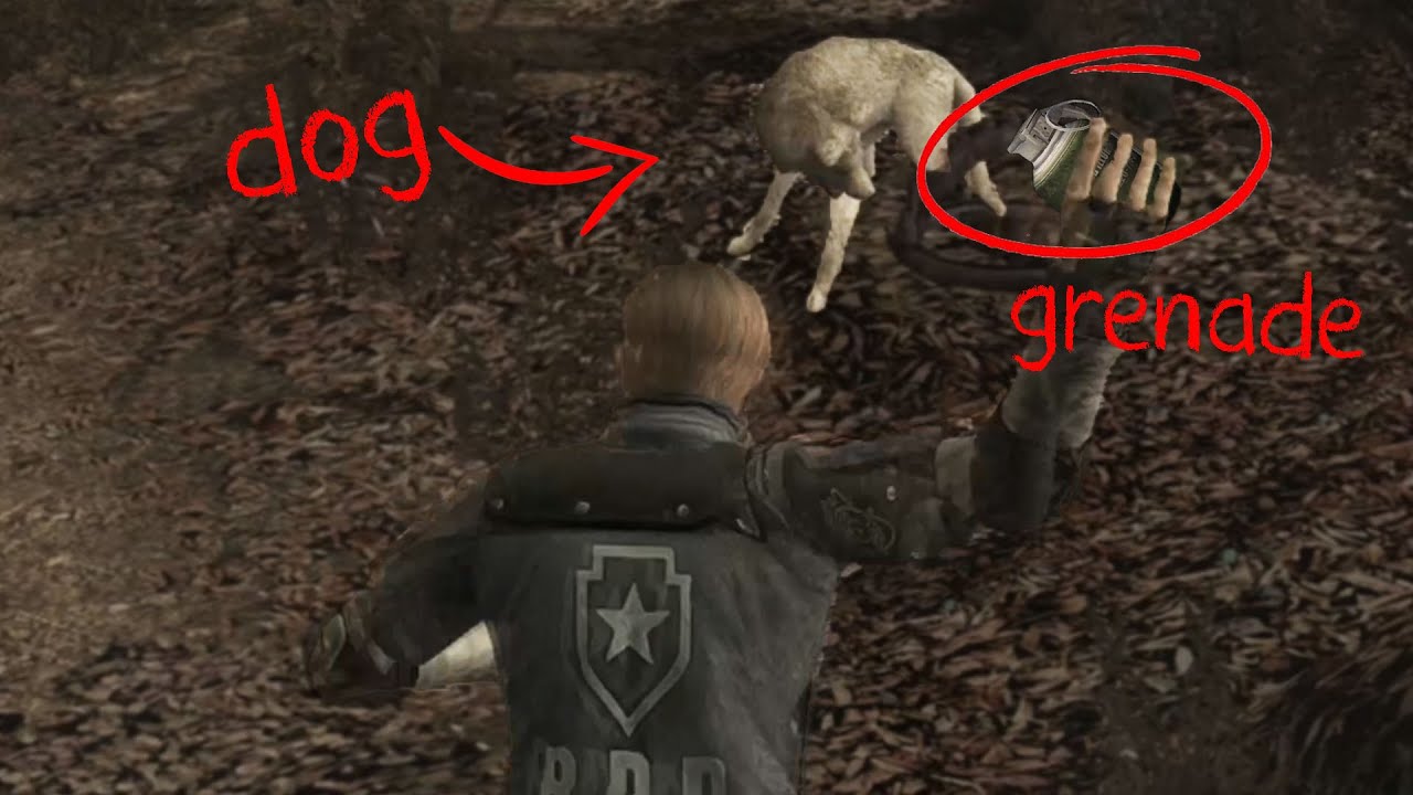 What happens if you throw a grenade at the dog in RE4?