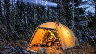 HOT TENT CAMPING IN RAIN WINTER CAMPING