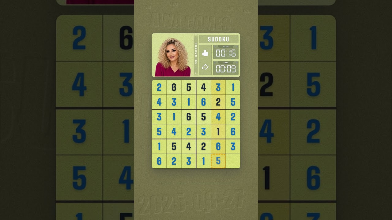 LinkedIn Mini Sudoku #16 solved board for August 27, 2025, 6x6 grid