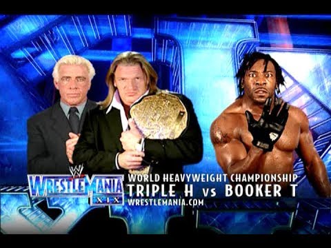 Triple H with Ric Flair v. Booker T | WrestleMania XIX | WWE 2K18 | HD video to gif
