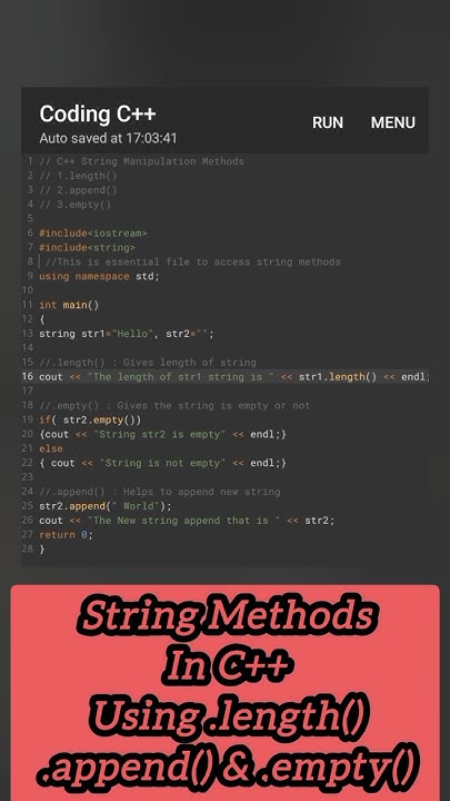 string manipulation in c++ using length(), append() & empty() # ...
