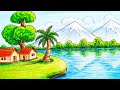 Beautiful Village Scenery Drawing for Kids | How to Draw Beautiful Scenery with Color Pencils