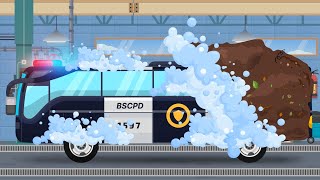 Car Wash Part 2 - Police Bus, Concrete Mixer, Doubledecker Bus