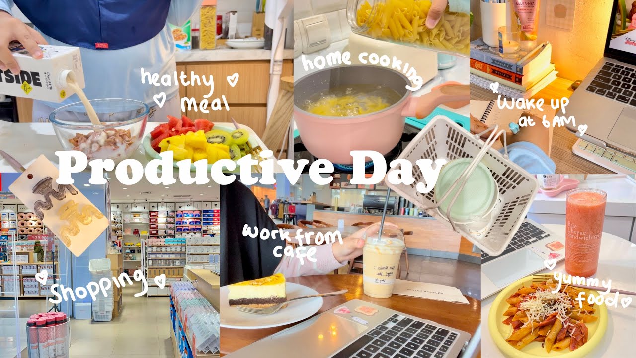 PRODUCTIVE DAY💌wake up at 6 AM,work from cafe,cooking meal,works,shopping,cleaning my room