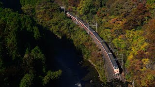 紅葉の阿哲峡をゆく381系国鉄特急色　やくも8号