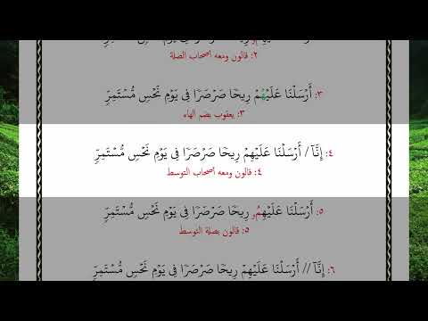 إنا أرسلنا عليهم ريحا صرصرا في يوم نحس مستمر 19 بالقراءات العشر الصغرى آية المصحف مقسم إلى آيات تعلي