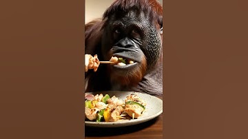 Cute Orangutan in Mukbang Korean Kkochi (꼬치): Various skewers with meat, and vegetables. ASMR
