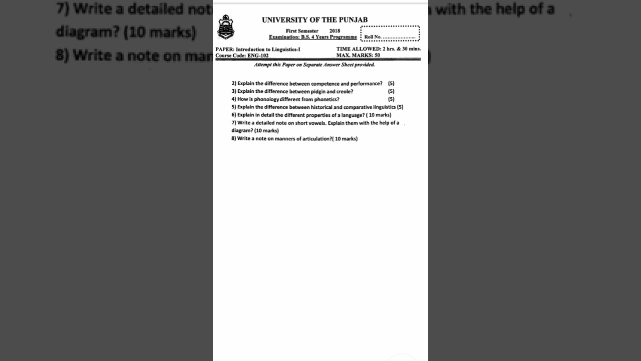 Linguistics -102 past paper 2018 Punjab university of lahore
