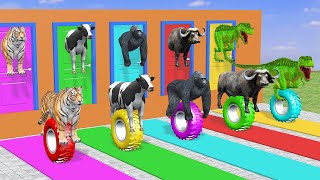 Cow Elephant Tiger Gorilla T-Rex Guess The Right Door ESCAPE ROOM CHALLENGE Animals Tire Game