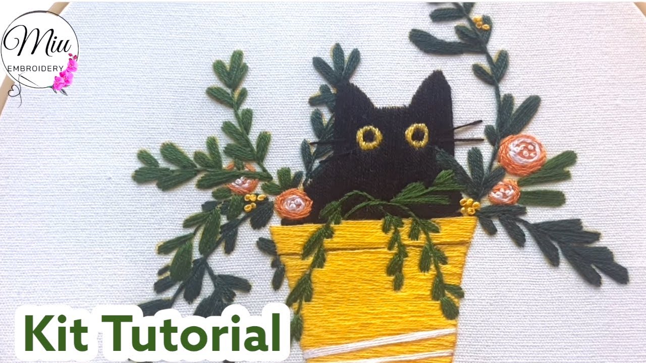 Black Cat on Yellow Pot 🐈‍⬛ Beginners Embroidery Kit Tutorial