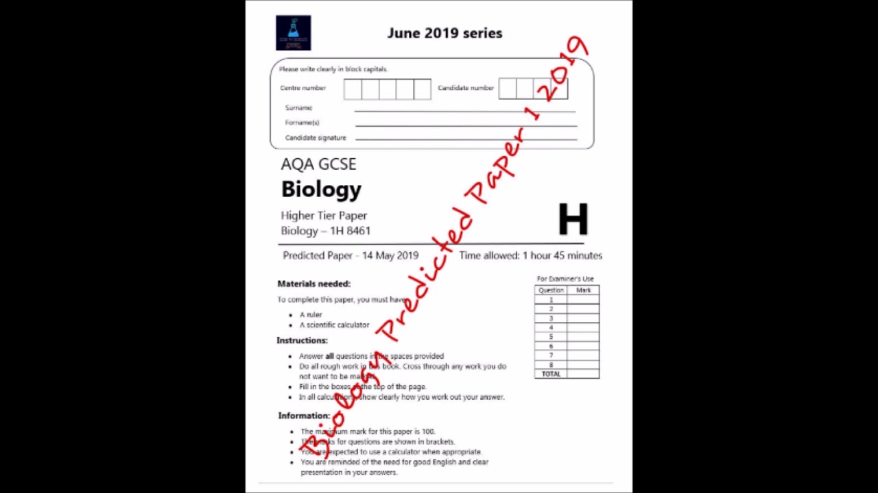 Predicted Paper 2019 for GCSE AQA Biology - YouTube