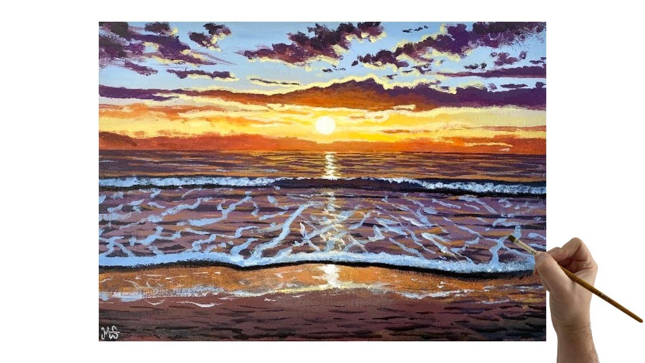 ACRYLIC PAINTING TUTORIAL SUNSET BEACH Ocean beach sunset painting ...