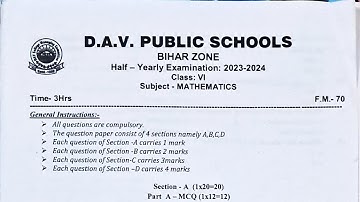 DAV Class 6 Maths Half Yearly Question paper 2023-2024, DAV class 6 Mathematics question Paper.