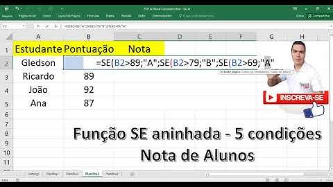 Função SE Aninhada no Excel com 5 condições | Nota de Alunos no Excel