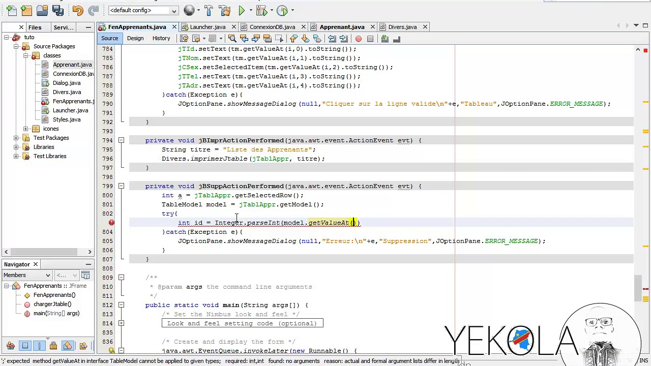 Java : bouton supprimer