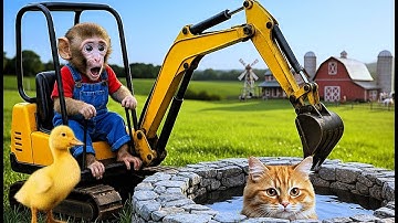 Monkey Farmer And Duckling Uses Excavator To Free Kittens Trapped In Old Well - Monkey Farm Work
