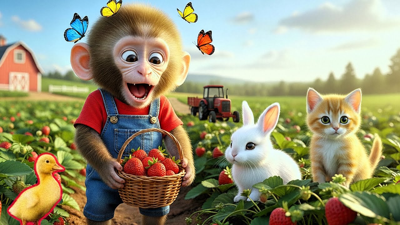 Monkey Farmer And Duckling Drives Tractor Gathers Strawberries - Monkey Farm Work
