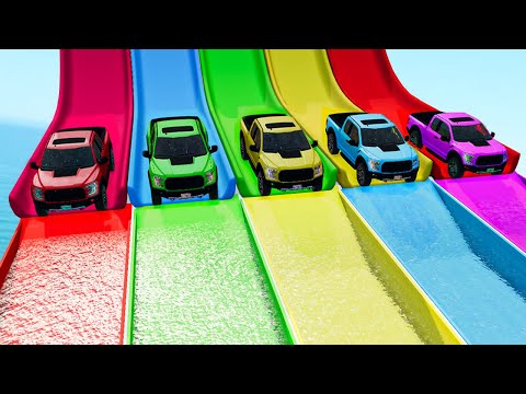 Cars vs Slide Color with Portal Trap - Cars vs Deep Water vs Speed Bump and Truck Rescue - BeamNG