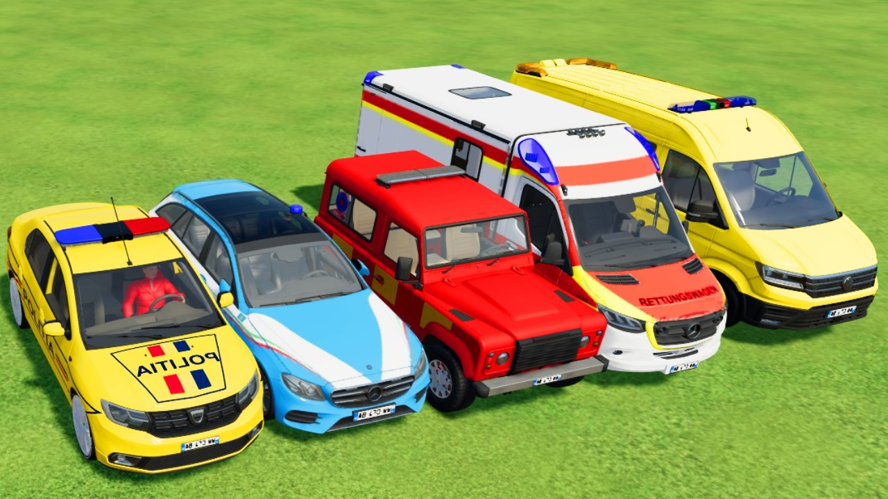 TRANSPORTING POLICE CARS, AMBULANCE, FIRE TRUCK, COLORFUL CARS WITH TRAIN -FARMING SIMULATOR 22!