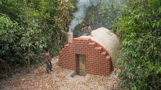 Build complete and warm survival shelter Bushcraft earth hut, fireplace
