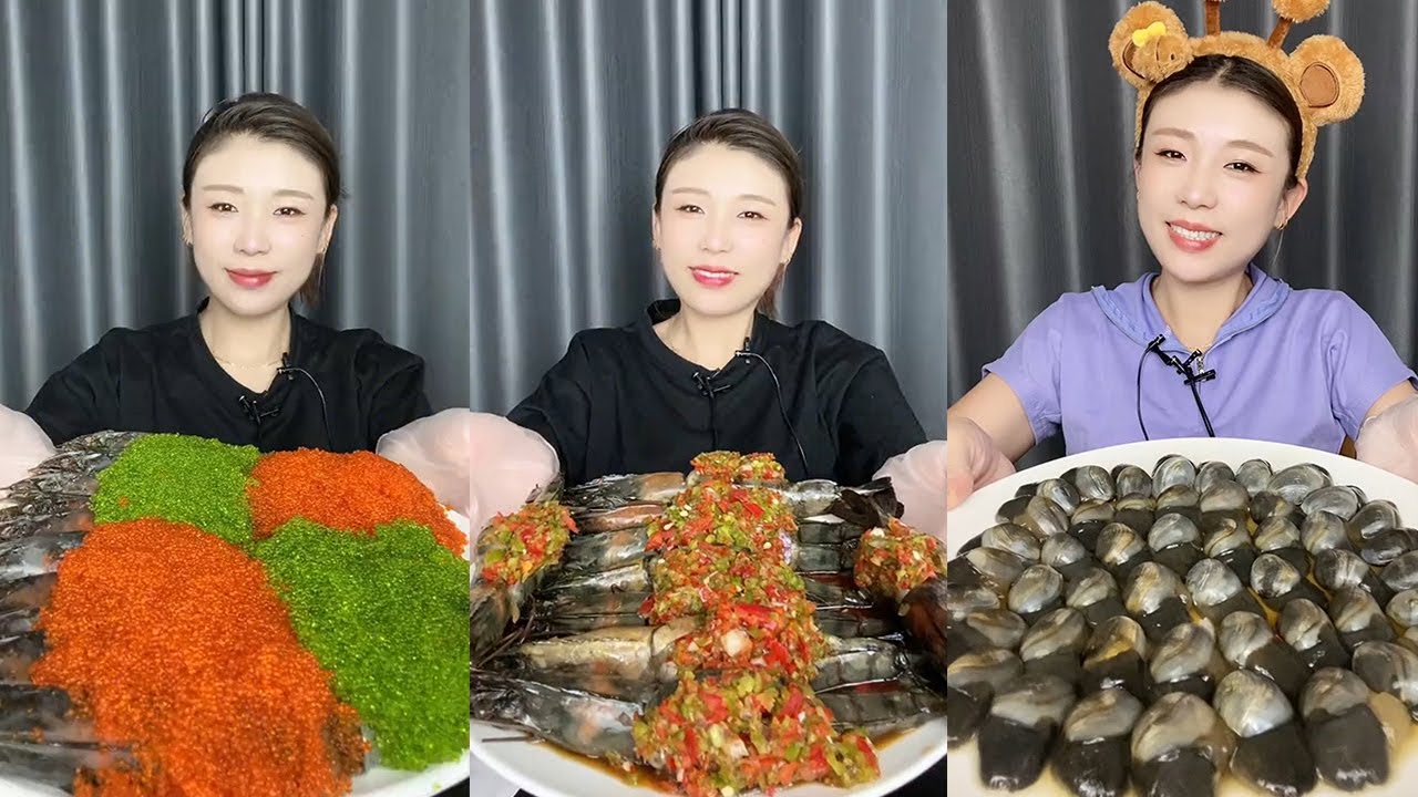 【Mukbang】Fish roe Thai shrimp+black tiger shrimp with filling+mud snail🐟🦐🧄🐚🌶🍋#Seafood#asmr#yummy