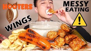 ⚠️ MESSY EATING • HOOTERS 🦉🌶 SPICY WINGS + 🌶 SPICY SAUSAGE LINKS • mukbang • LESS TALKING 🤫